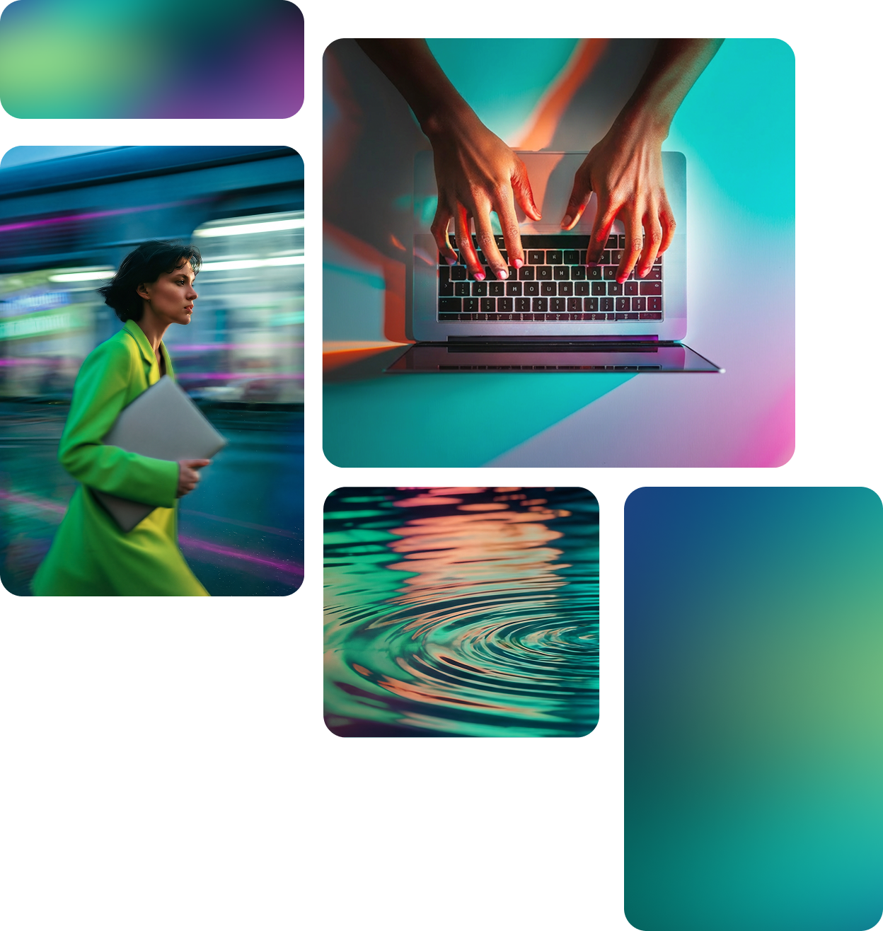 A collage of three images: a professional woman in a bright green jacket striding through a blurred environment with a laptop, hands typing on a glowing laptop keyboard, and an abstract close-up of rippling teal water