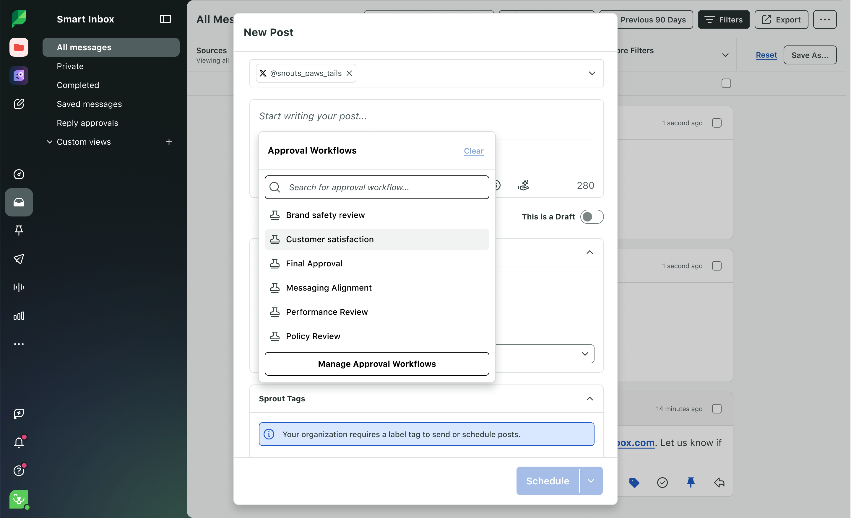 Product screenshot of Sprout’s advanced approval workflows available in the Compose publisher.