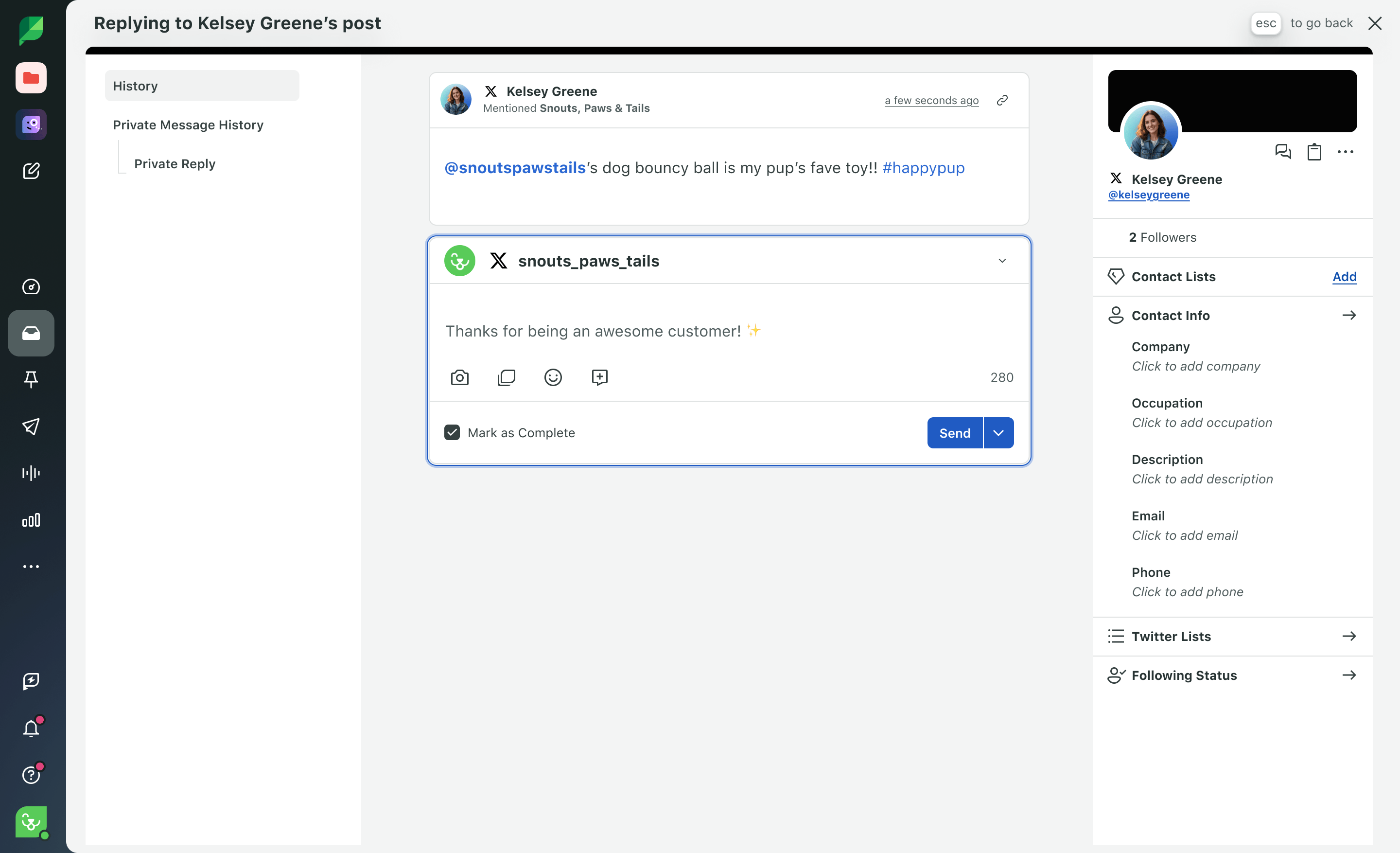 Sprout Social Product Image of Engagement Smart Inbox with LinkedIn Filters Selected and Reply Hover.