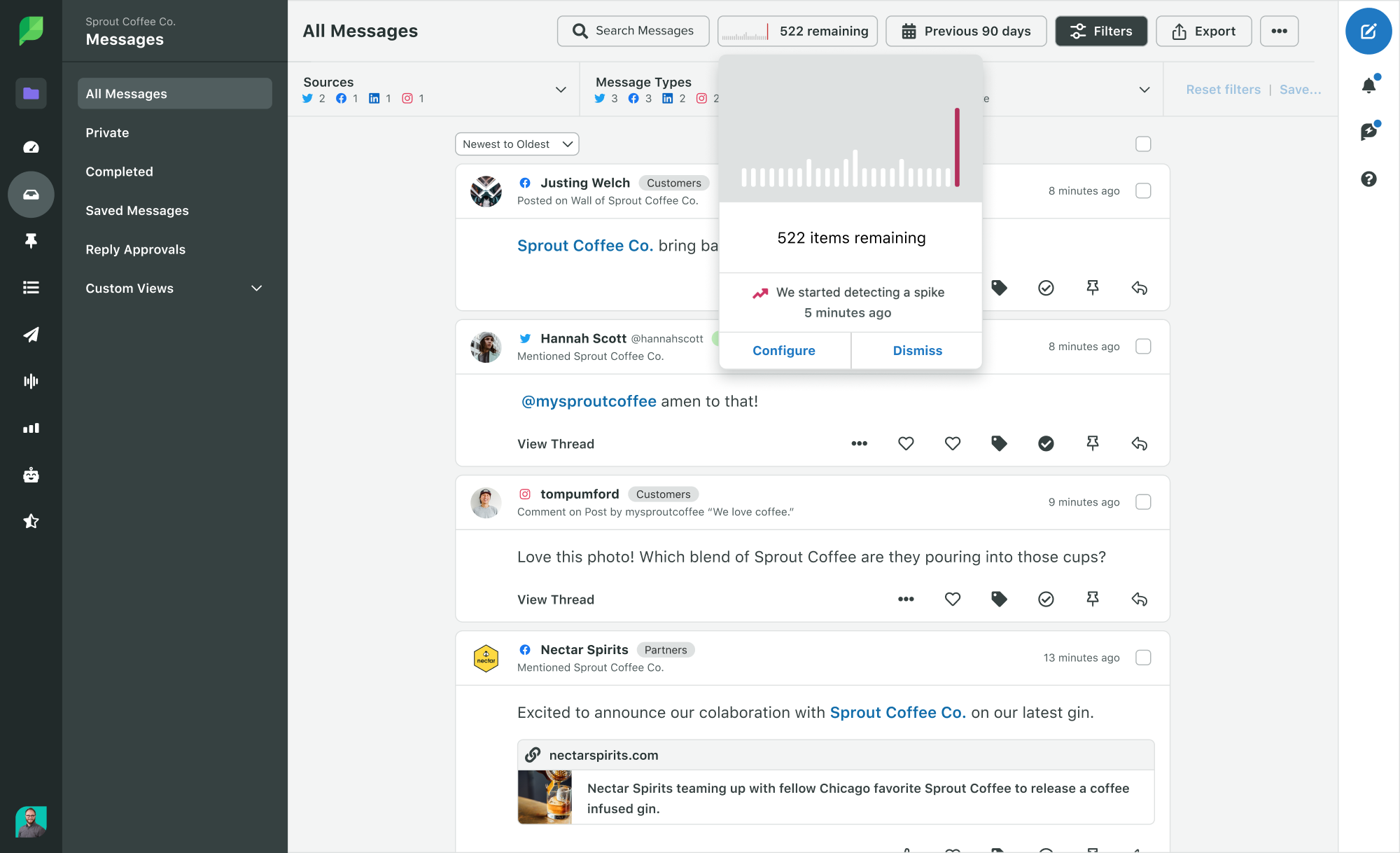 Screenshot of Sprout's Smart Inbox showing a spike alert