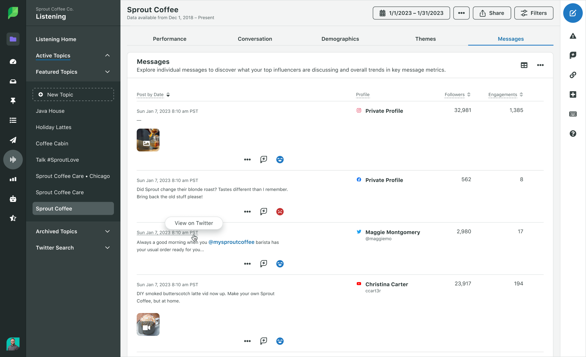 Screenshot of Sprout's dashboard showing messages from different customers from where you can gather emerging trends