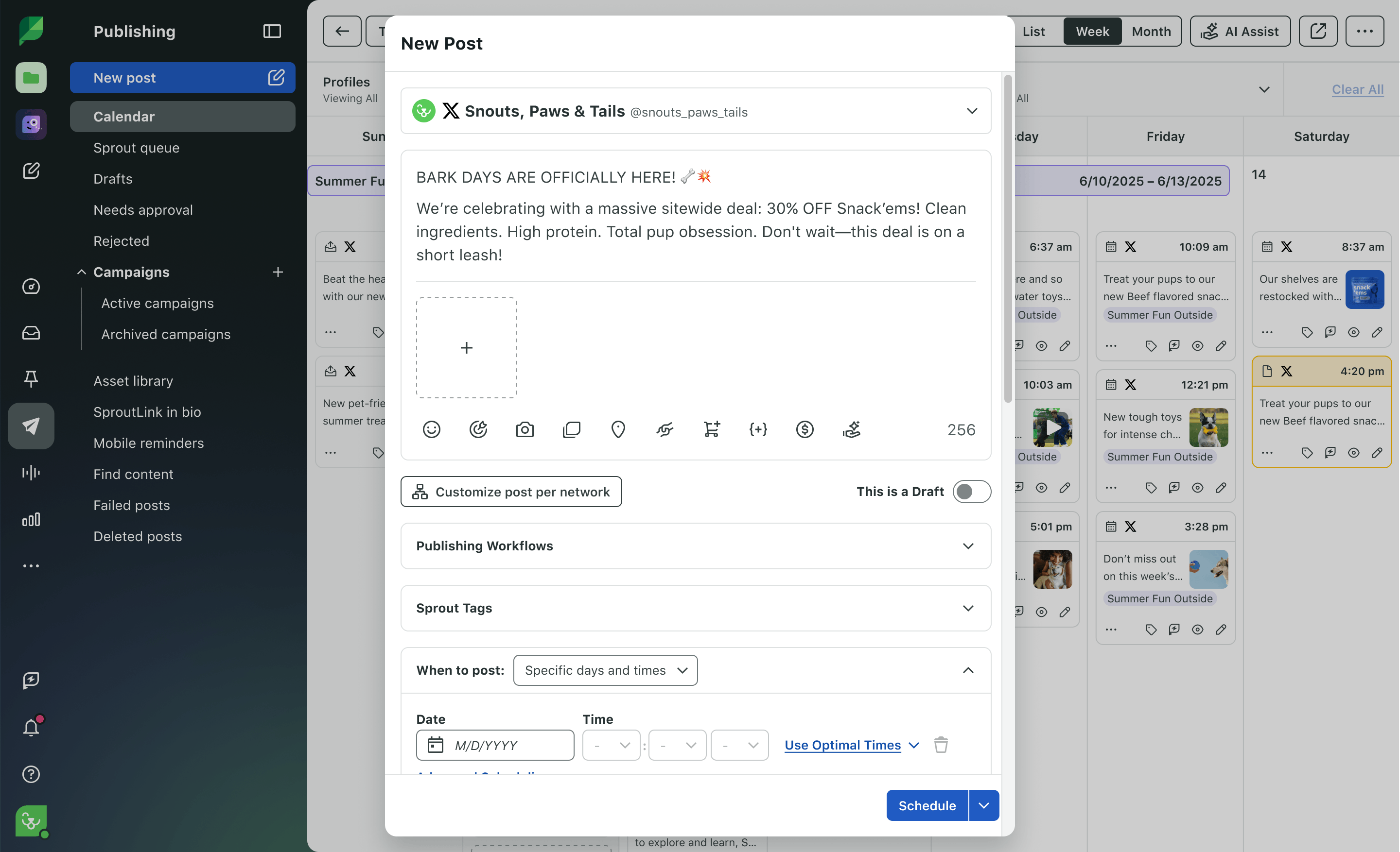 Sprout Social Product Image of Publishing Calendar List View with LinkedIn Targeting Compose.