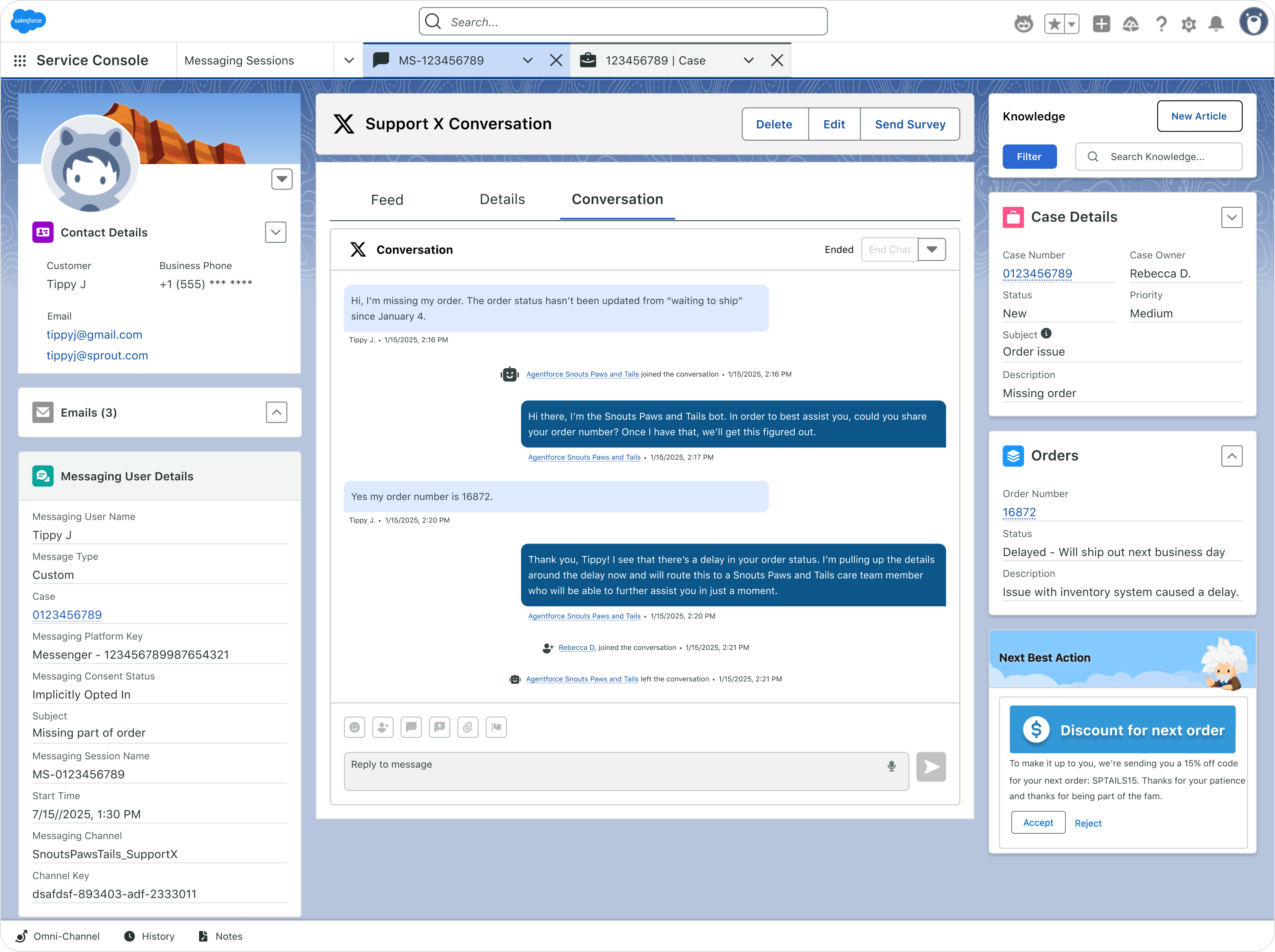 Product UI of a company, Snouts, Paws, & Tails, using the Salesforce Service Console within Sprout Social to reply to a customer who needs assistance on Facebook