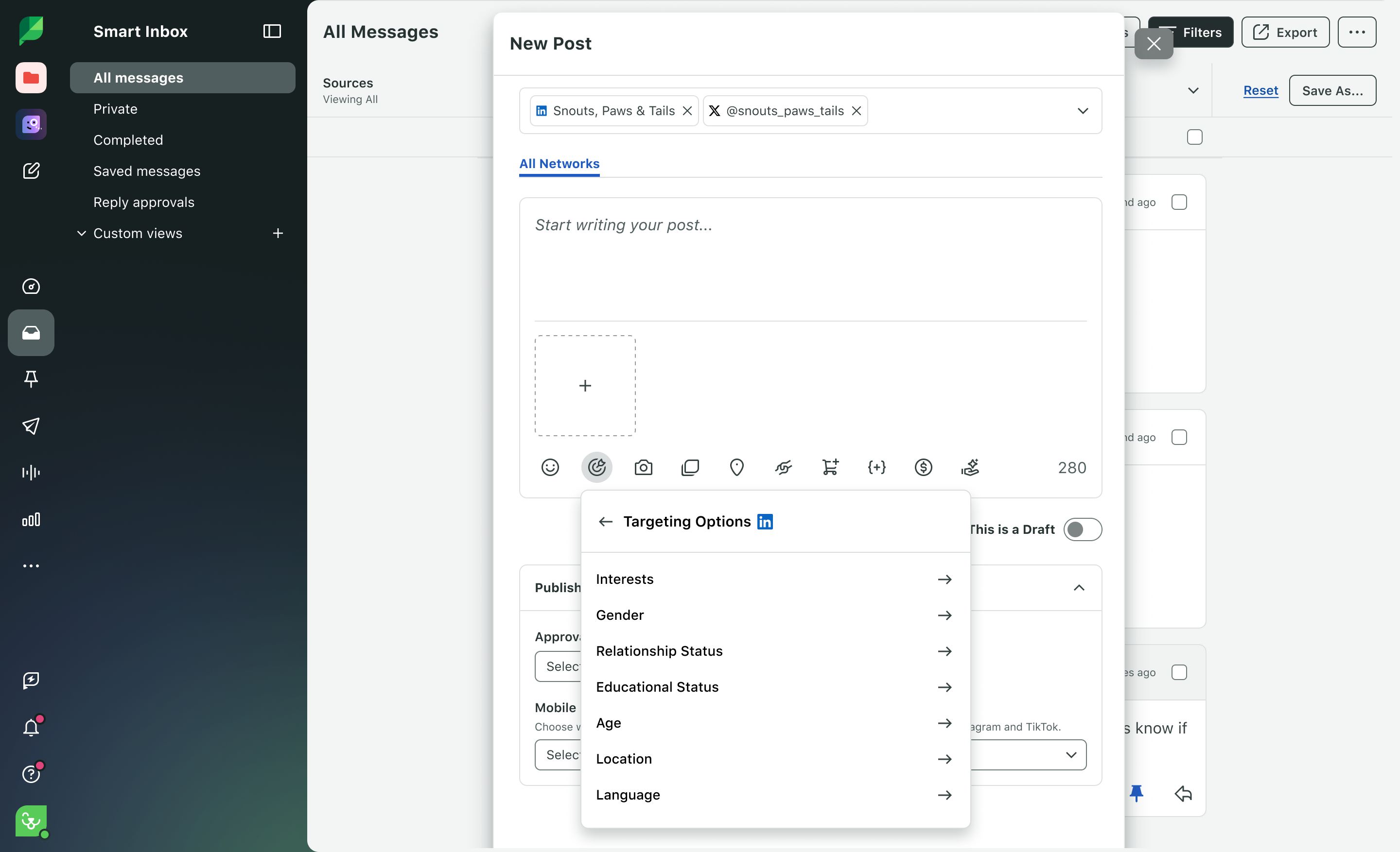 Sprout Social Product Image of Publishing Calendar List View with LinkedIn Targeting Compose.