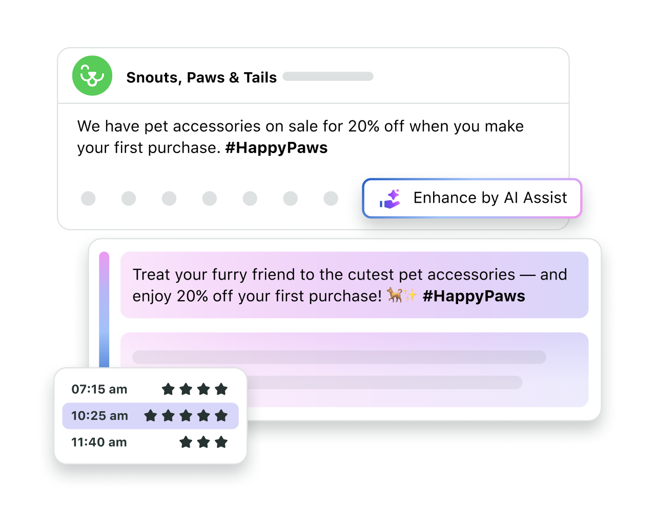 Interfaz de usuario del producto que muestra una oferta del 20 % de descuento antes y después del texto mejorado por IA.​​ 